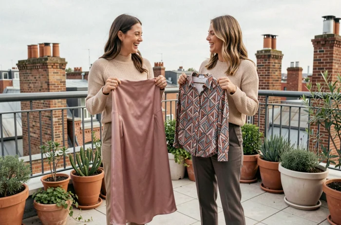 Deux femmes comparant des vêtements tendance sur une terrasse en rooftop urbain lors d'une session de style