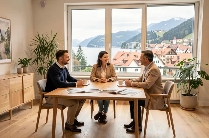 Couple consultant un expert immobilier local dans une agence moderne avec vue sur une ville suisse au bord du lac