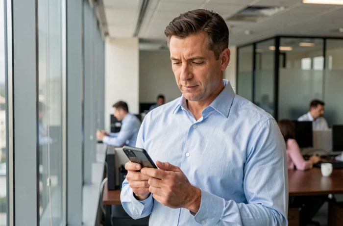 Homem consultando seu espaço pessoal MyPeopleDoc no celular no escritório