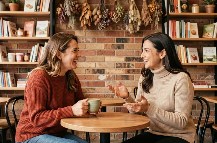 Deux femmes partageant un moment convivial autour d'un matcha latte dans un café bien-être aux murs en briques