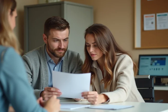 Un couple lit un avis favorable d'attribution de logement social dans un bureau administratif de l'habitat
