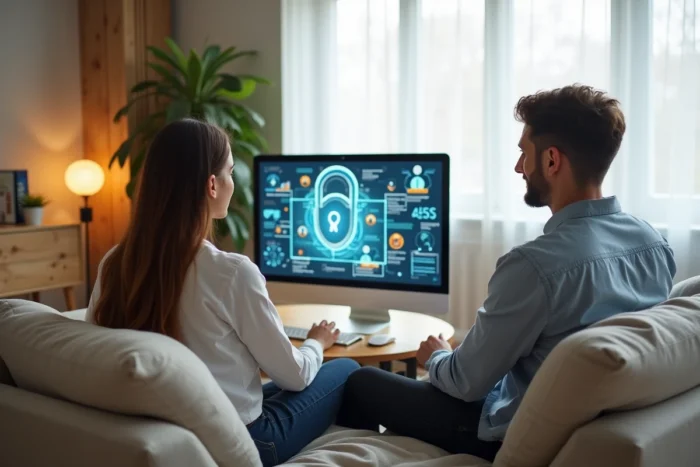 Couple d'adultes consultant des conseils de sécurité internet ensemble dans un salon moderne