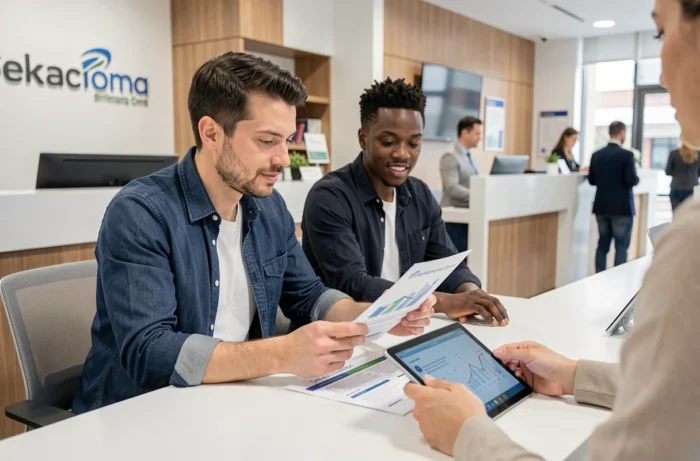 Un couple consultant un représentant bancaire pour optimiser leurs finances grâce à des services spécialisés dans une agence moderne
