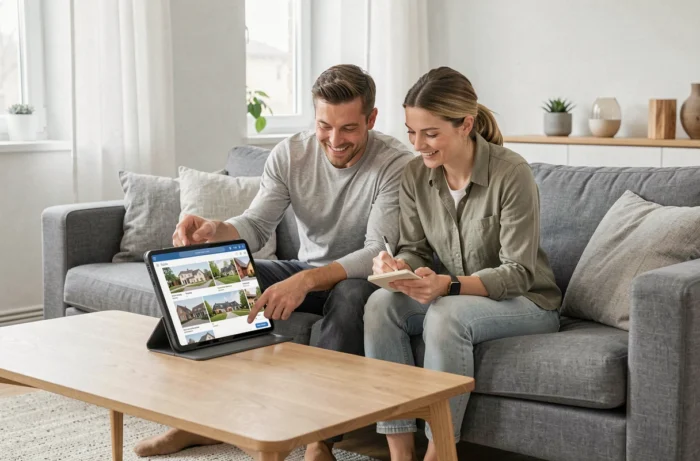 Casal consultando anúncios imobiliários em um tablet em sua sala moderna
