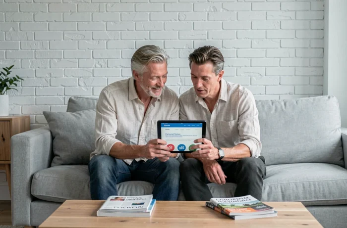 Couple regardant ensemble un site de conseils en finances personnelles sur une tablette dans leur salon moderne