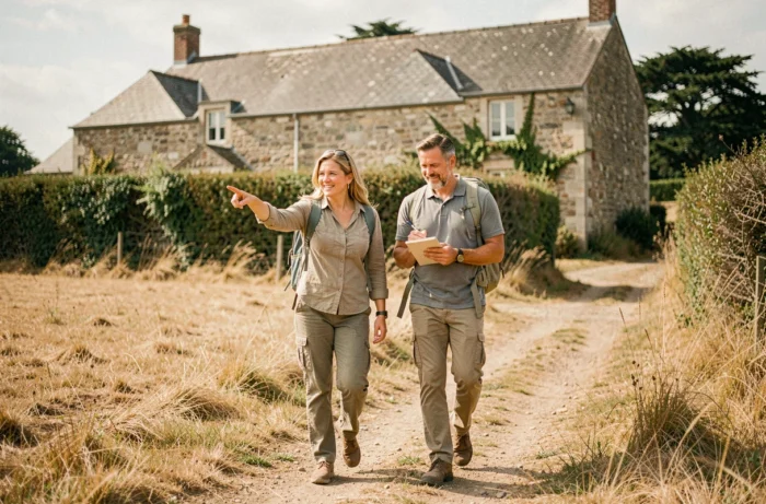 Couple évaluant un terrain avec vieille ferme en pierre pour un projet de vie en liberté et autonomie