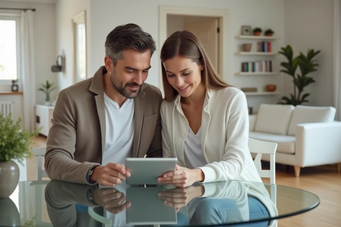Couple utilisant une tablette pour comparer des outils immobiliers en ligne et sécuriser leur achat