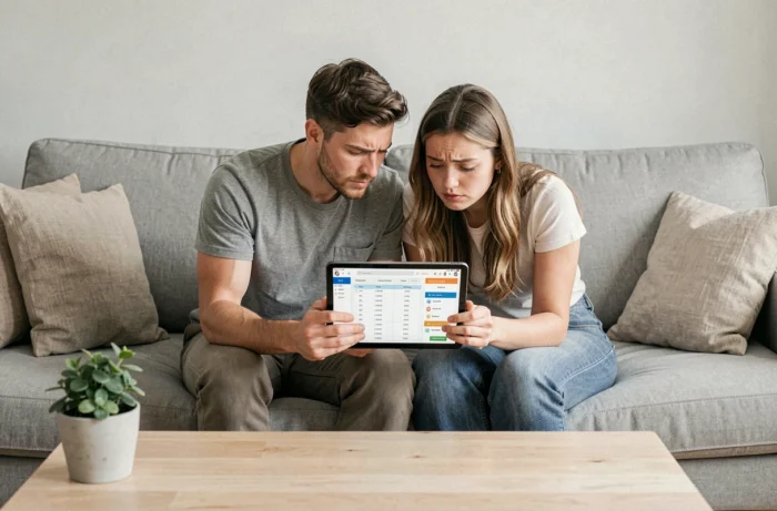 Couple de jeunes parents consultant une simulation de frais de crèche sur tablette dans leur salon