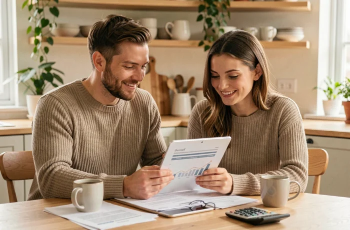 Couple planifiant leur épargne et leurs investissements financiers ensemble autour d'une table dans une cuisine scandinave