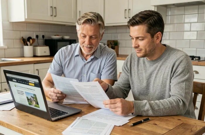 Couple recherchant des actualités immobilières sur direct-home.net autour de leur table de cuisine