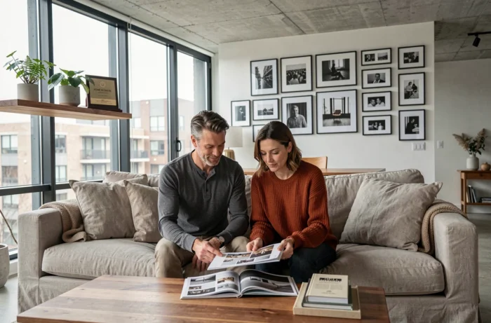 Couple découvrant les lauréats des Trophées de la Maison 2024 dans un salon au design scandinave contemporain