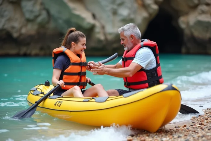 Instructeur guidant une jeune femme dans les étapes pour s'installer correctement dans un kayak gonflable jaune au bord de la mer
