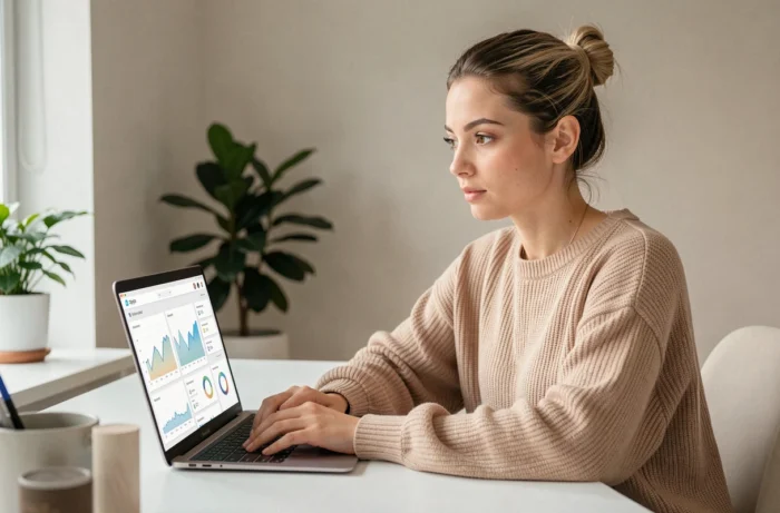 Jeune femme créatrice de contenu analysant ses revenus sur une plateforme numérique depuis son bureau à domicile