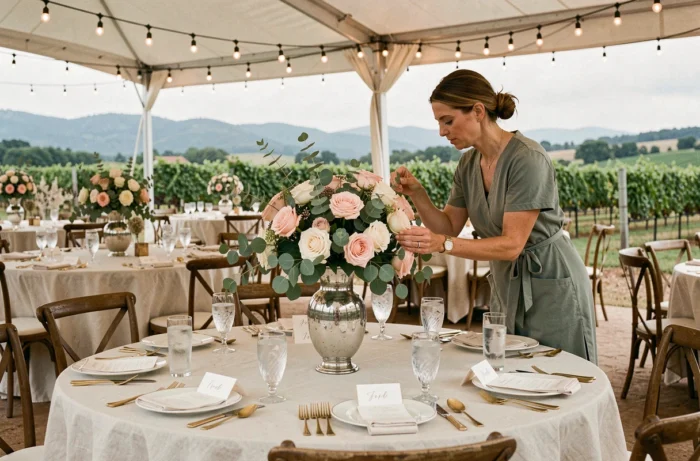 Hochzeitsplaner, der die Blumenarrangements eines Empfangstisches im Freien in einem Weingut anpasst
