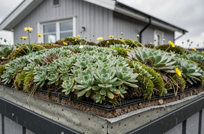 Détail en gros plan d'un toit végétalisé norvégien montrant les couches de sedum, mousse et membrane d'étanchéité