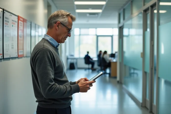 Directeur d'école consultant le livret scolaire unique sur une tablette dans le couloir administratif d'un établissement de l'académie de Versailles