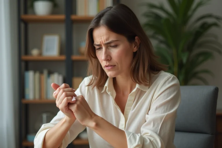 Femme tenant son poignet gauche douloureux à son bureau à domicile, exprimant une gêne physique subtile