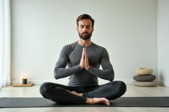 Homme en méditation tenant son poignet gauche sur un tapis de yoga dans un espace spirituel minimaliste