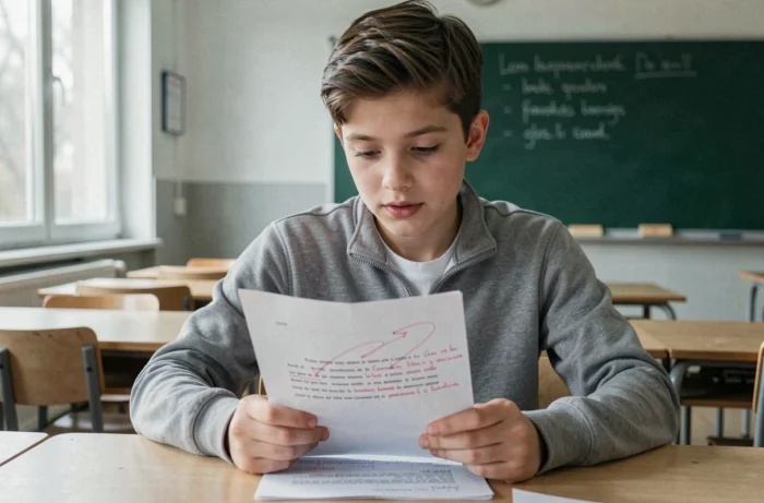 Élève de collège en 5ème relisant un corrigé de rédaction annoté en rouge en classe