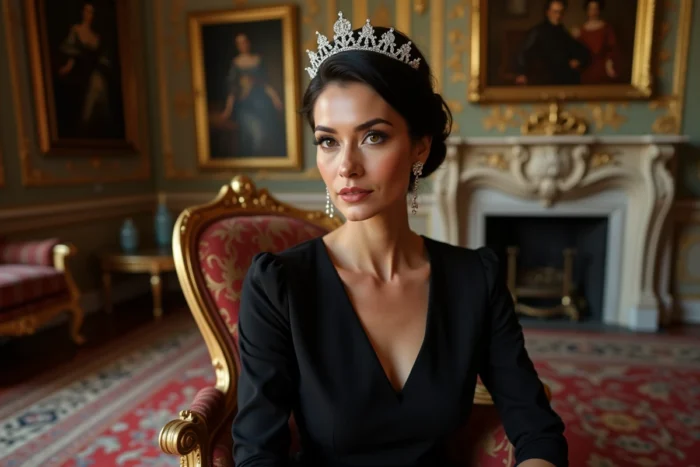 Femme distinguée en robe cocktail noire avec diadème, assise dans un salon de manoir opulent, évoquant le style iconique et la silhouette célèbre d'Elizabeth Taylor