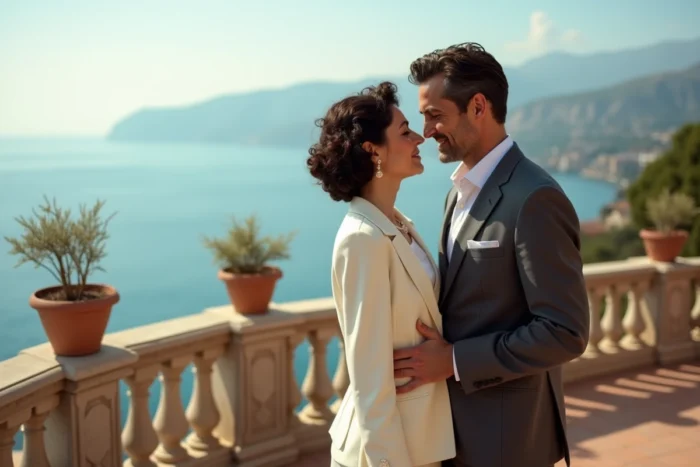 Couple élégant en tenue vintage sur une terrasse méditerranéenne, évoquant la vie amoureuse romanesque et passionnée d'Elizabeth Taylor