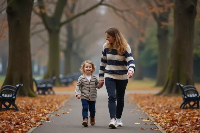 Elsa Fourlon se promenant avec son enfant dans un parc en automne, moment de complicité familiale en plein air