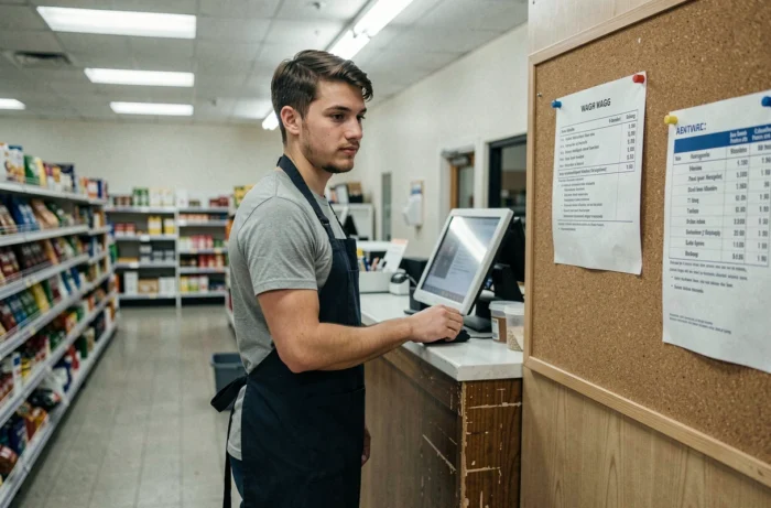 Un employé de commerce consulte un affichage des salaires minimum dans un magasin de proximité