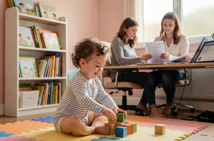 Enfant en bas âge jouant en crèche pendant que sa mère prépare les documents d'inscription et de simulation de coût