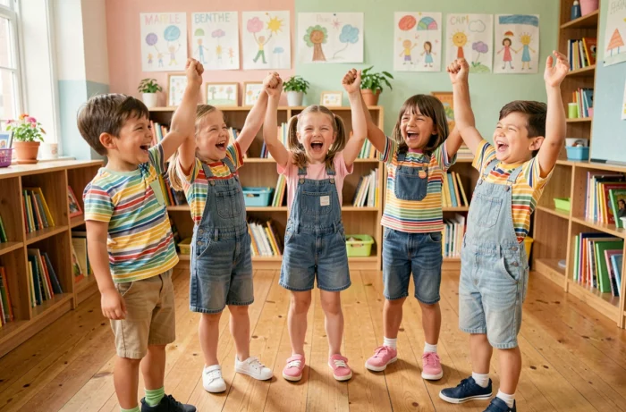 Groupe d'enfants jouant à la comptine Haut les mains peau de lapin en classe, mains levées et sourires
