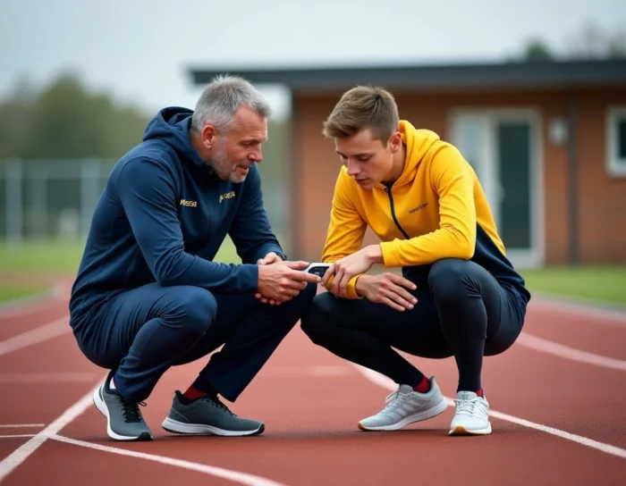 Entraîneur d'athlétisme et jeune coureur analysant les performances sur une piste en tartan dans l'Essex