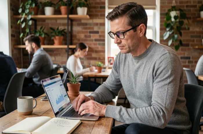 Entrepreneur en formation business en ligne sur son ordinateur portable dans un espace de coworking chaleureux