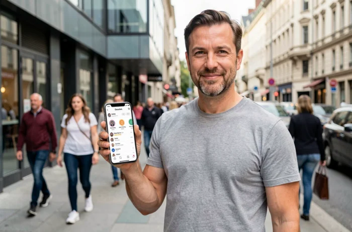 Entrepreneur consultant sa stratégie de communication digitale sur smartphone en environnement urbain