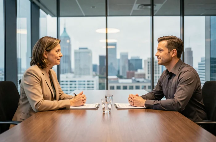 Entrevista de emprego entre uma recrutadora e um candidato em uma sala de reunião envidraçada