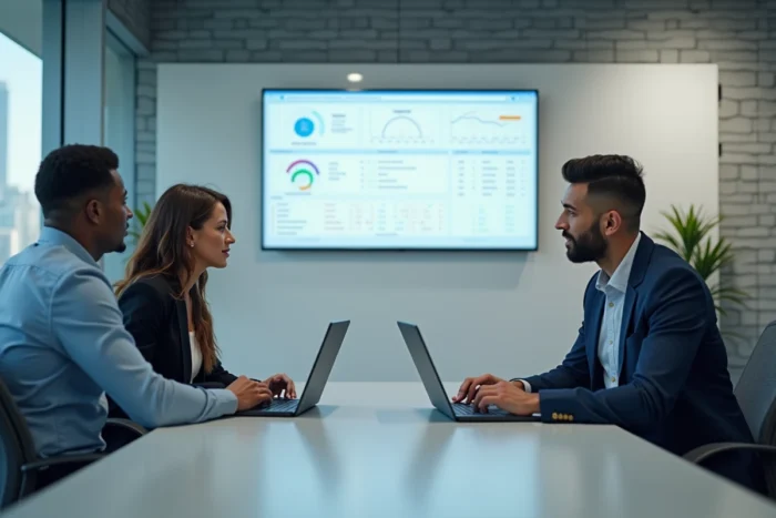 Équipe de salariés collaborant autour d'une plateforme LMS lors d'une session de formation en salle de réunion