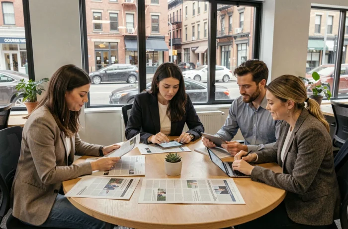 Équipe de journalistes indépendants en réunion éditoriale autour d'une table dans un espace de coworking