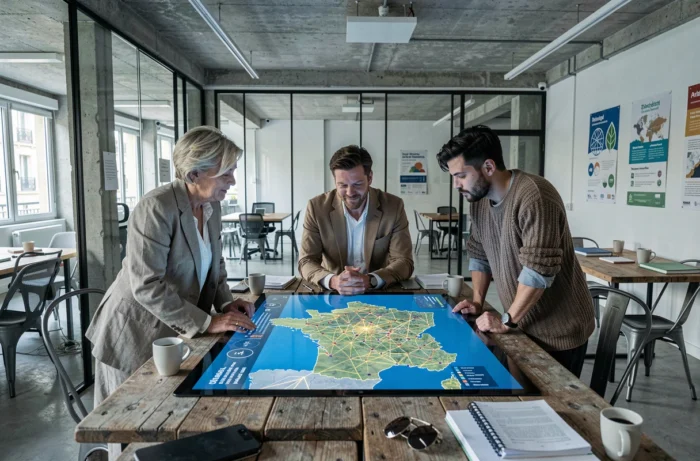 Équipe de planificateurs urbains analysant une carte interactive du réseau énergétique français dans un bureau parisien moderne