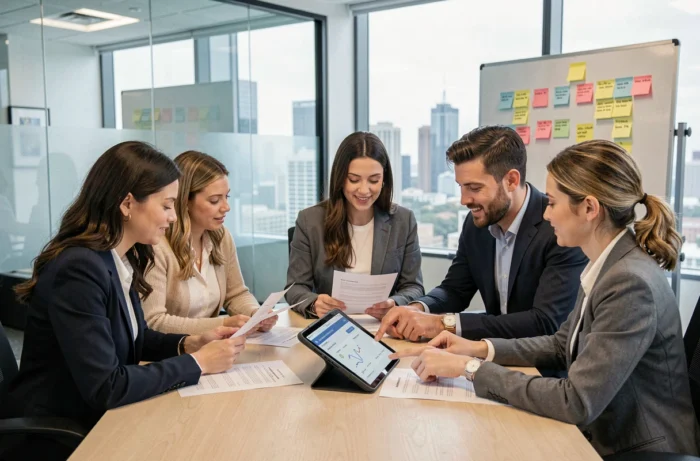 Team von Recruitern, das während eines Agenturmeetings Stellenangebote auf einer spezialisierten B2B-Plattform analysiert