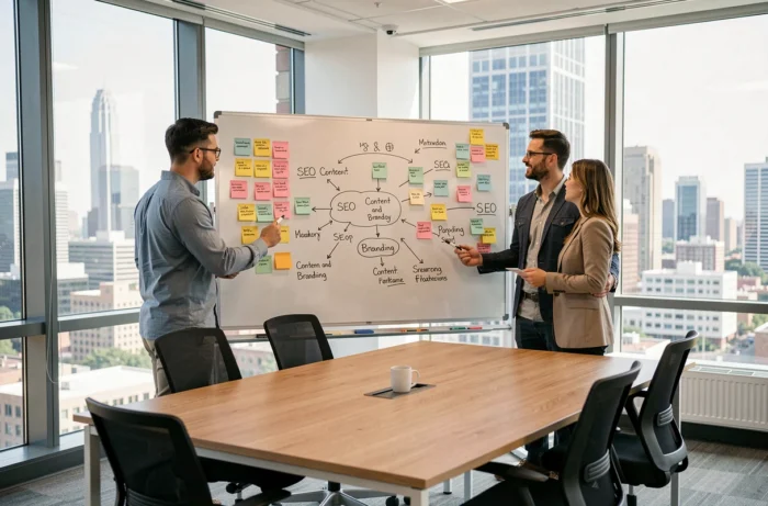 Équipe professionnelle élaborant une stratégie de communication digitale sur tableau blanc en espace coworking