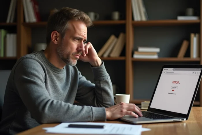 Homme frustré face à une erreur de connexion sur son webmail depuis un bureau à domicile