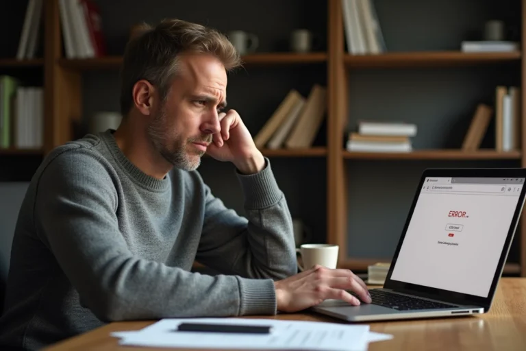 Homme frustré face à une erreur de connexion sur son webmail depuis un bureau à domicile