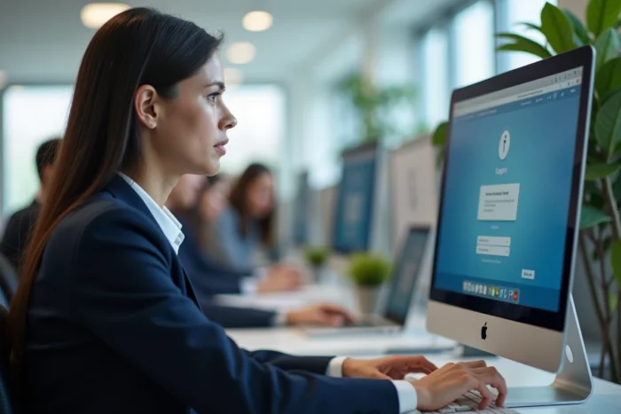 Femme en entreprise tentant de se connecter à son webmail avec un message d'erreur visible