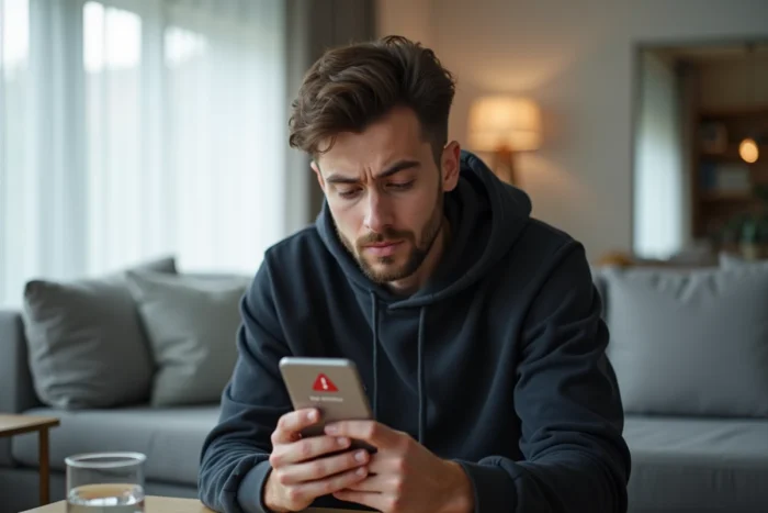 Jeune homme consultant une erreur de connexion webmail sur son smartphone dans un appartement