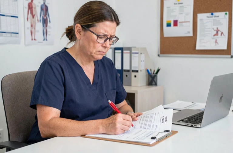 Physiothérapeute annotant un formulaire d'évaluation de Tinetti sur papier avec un stylo rouge dans un cabinet de rééducation