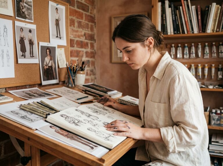 Étudiante en illustration dessinant des personnages dans un carnet de croquis dans un atelier d'école d'art