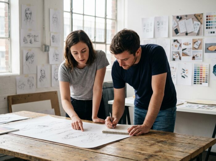 Deux étudiants en illustration collaborant sur des croquis lors d'un atelier de formation courte