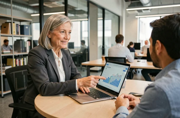 Femme experte en immobilier animant une réunion stratégique avec des collègues autour de données du marché immobilier dans un espace de coworking