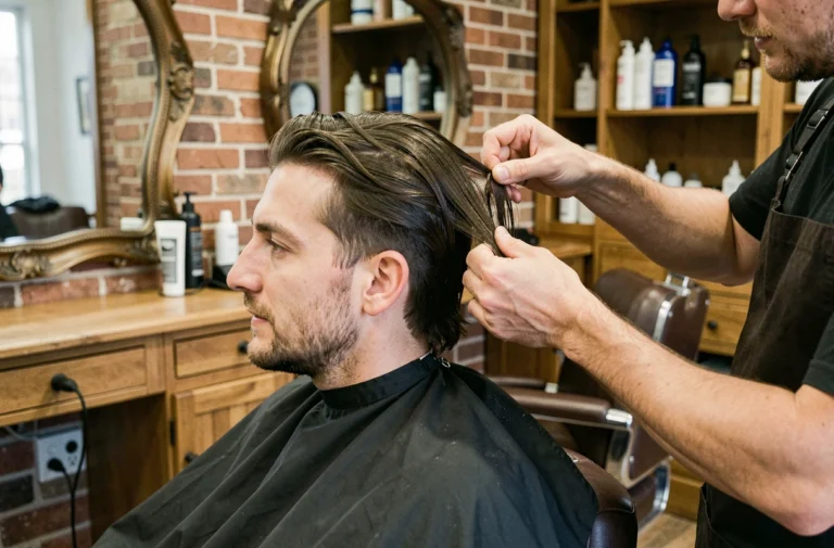 Coiffeur professionnel posant des extensions de cheveux sur un homme en salon de coiffure moderne