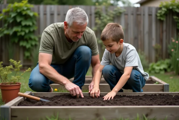 Père et fils jardinent ensemble dans un potager familial, apprenant l'autonomie et le sens des responsabilités à travers le jardinage