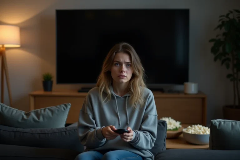 Femme déçue regardant un écran de télévision éteint après l'annulation d'une série Netflix