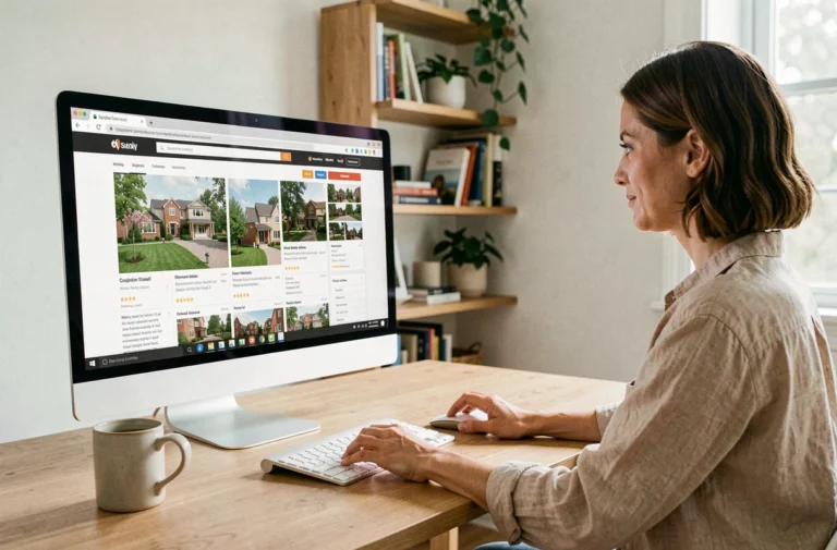 Femme consultant les actualités immobilières sur direct-home.net depuis son bureau à domicile